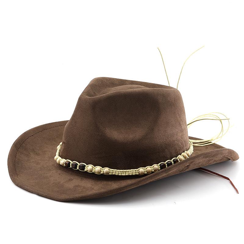 Suede upturned eaves retro top hat men and women outdoor travel hat jazz hat wooden beads ethnic style denim