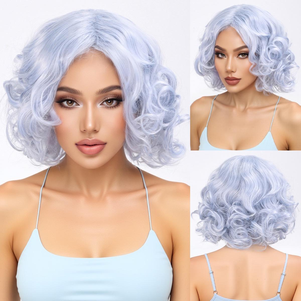 Light Blue Gray Short Curly Synthetic Wig, Women s Fluffy Wavy Wig for Cosplay & Daily Wear