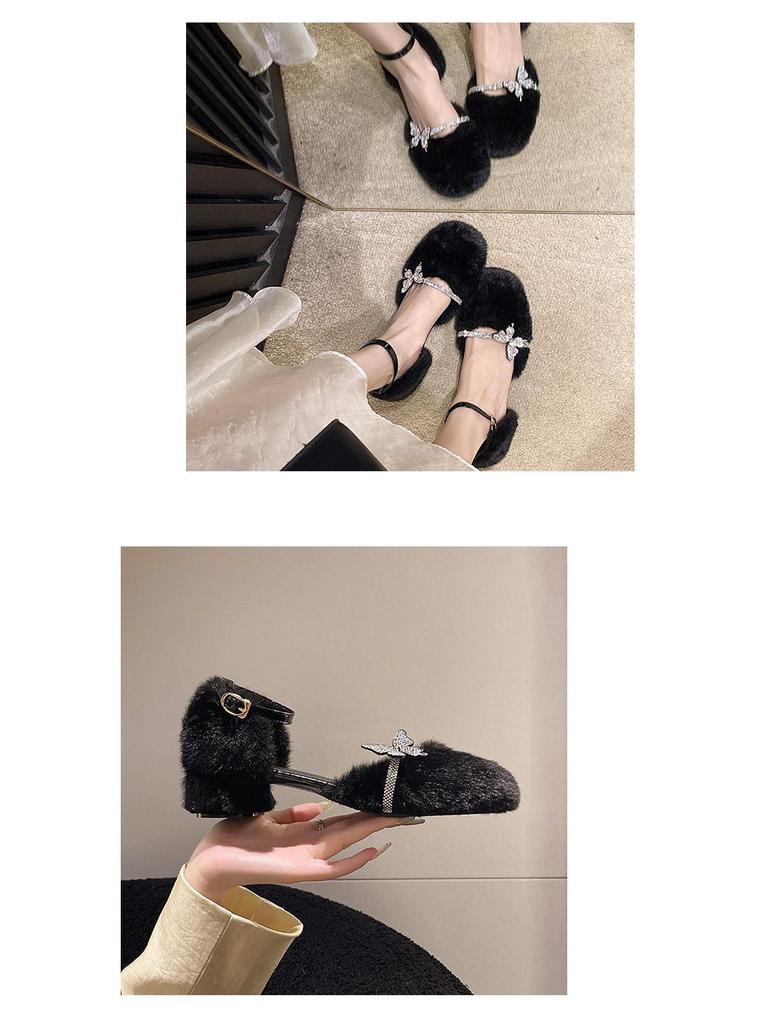 Rhinestone Fuzzy Mary Janes - Women's Autumn/Winter 2025 Chunky Heel Closed-Toe Sandals