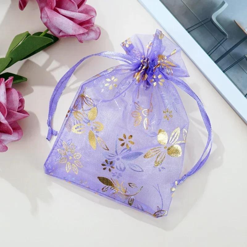 50piece Gold Stamp Rose Pattern Gauze Bag Colorful Pull Rope Self Sealing Storage Bags Candy Gift Accessory Package Jewelry Pouc