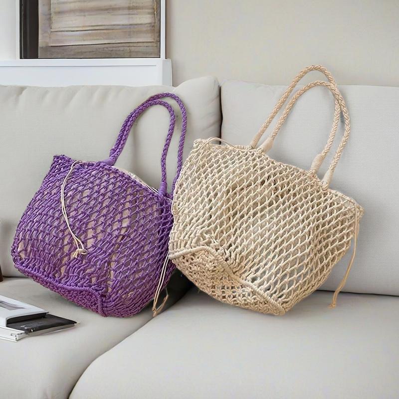 Hollow Cotton Rope Handwoven Fishnet Bag - Lazy Vintage Cotton Shoulder Tote for Beach Vacation