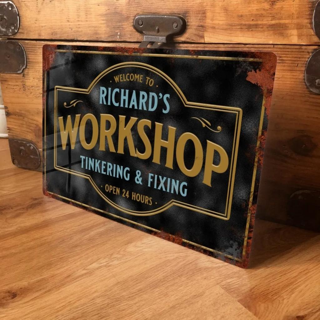 Vintage Metal Sign Custom Name Text Logo Personalized Retro Wall Decor Workshop Garage Man Cave Studio
