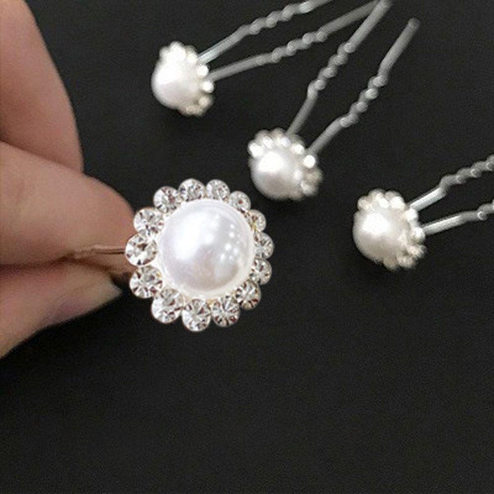 5Pcs Fashion Bridal U-shaped Rhinestone Pearl Flower Hairpin Metal Hair Barrette Rhinestone Hair Clip Crystal Flower Hair Fork