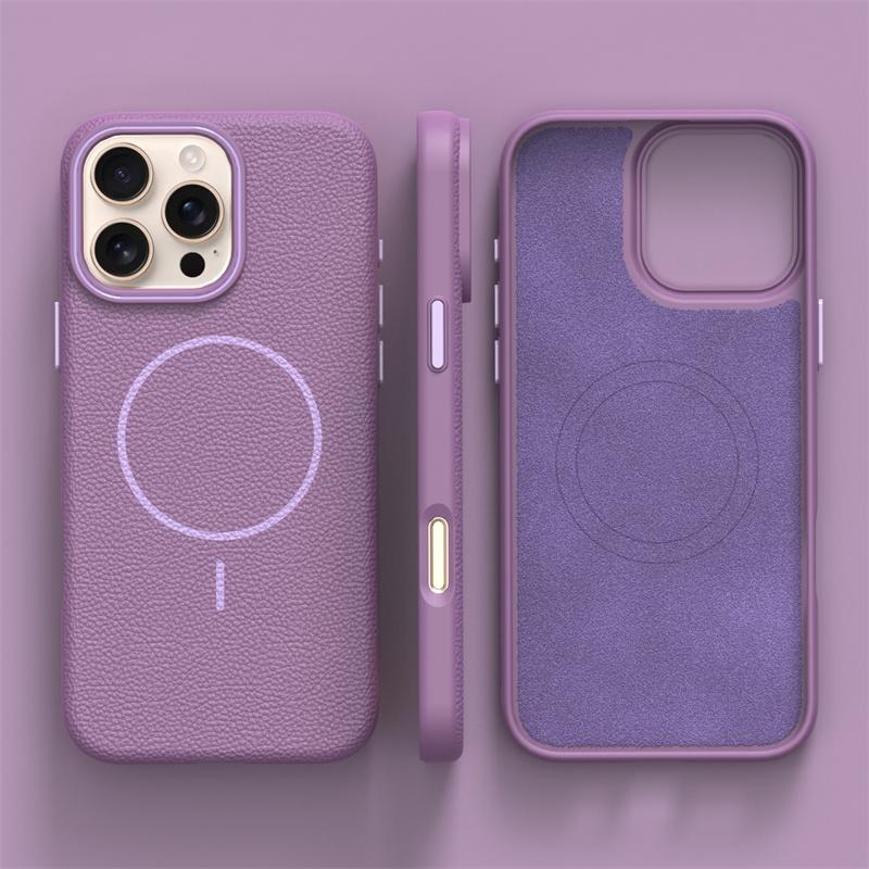 Ultrathin Simple Magsafe Phone Case For Iphone 16 Pro Max 15 Pro 14 13 12 Lichee Pattern Hit Color Lens Wireless Charging Cover