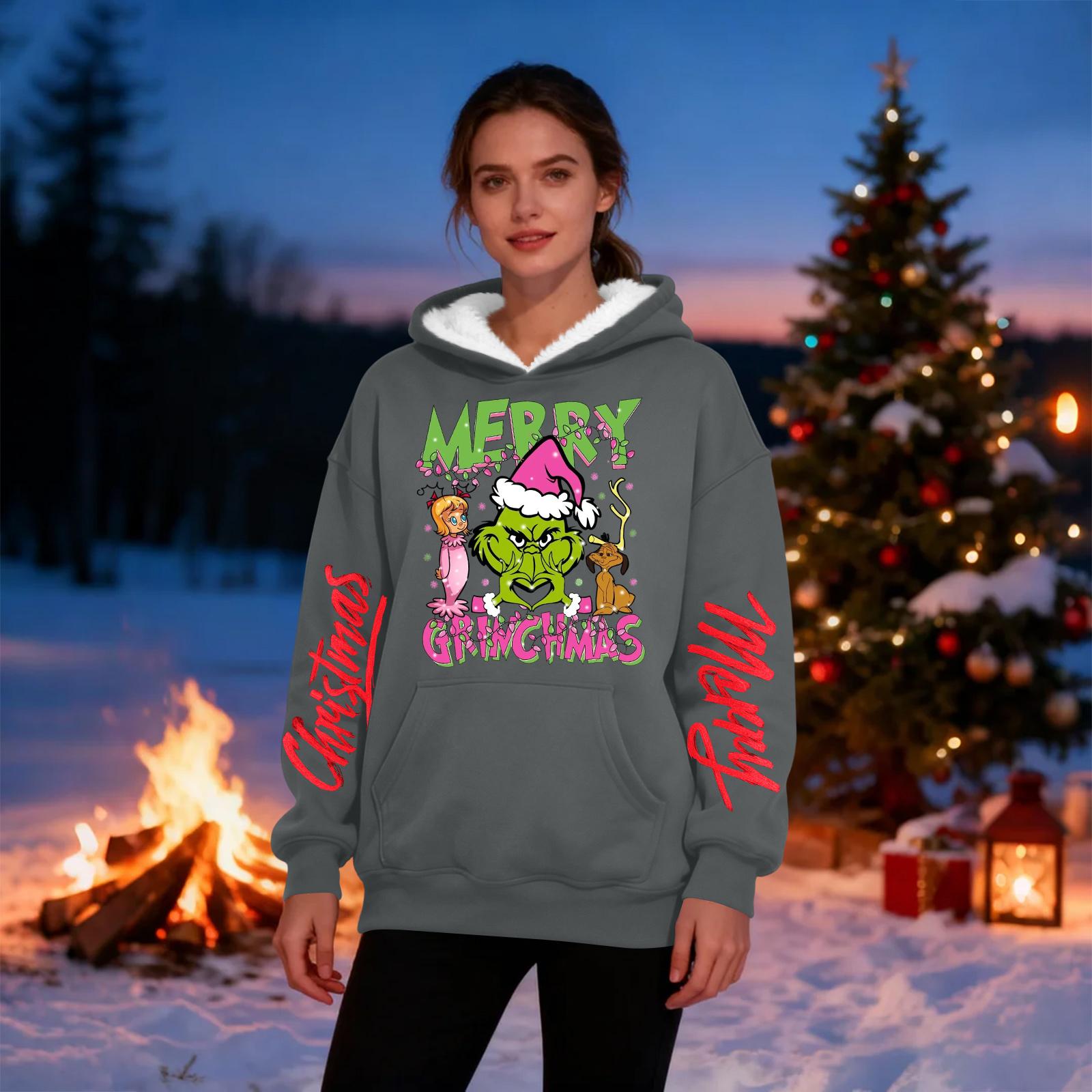 Women s Casual Fashion Plus Velvet Thickened Christmas Print Hooded Sweatshirt XXXL
