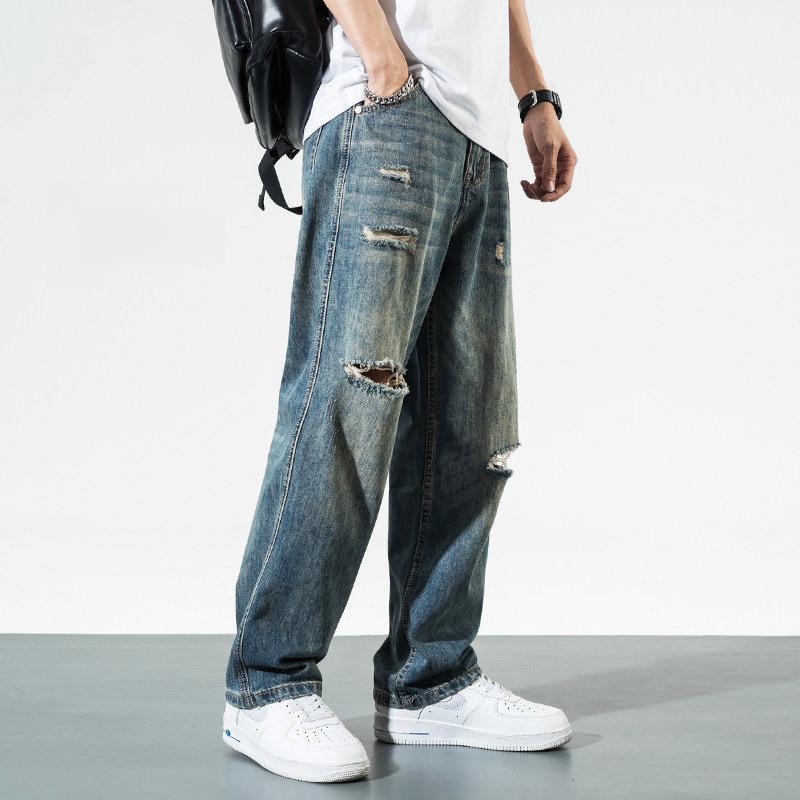 Spring and summer American washed retro jeans men's loose wide-leg drape straight trousers ripped and worn beggar pants tide