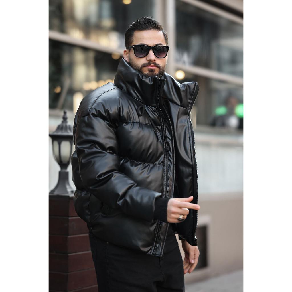 Concealable Hooded Men's Puffer Nubuck Leather Coat