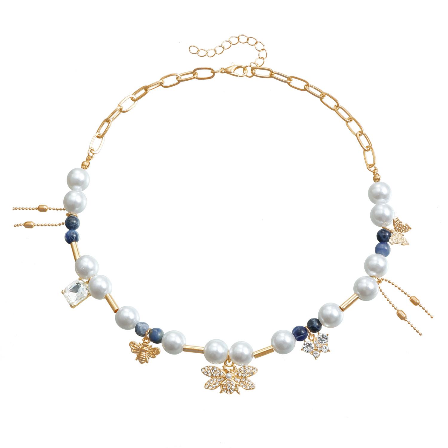 

European and American jewelry pearl natural stone metal tube splicing necklace butterfly love shell personalized creative item decoration