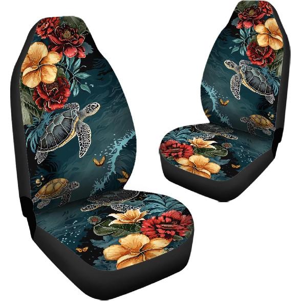 Bulopur Multicolor Polyester Universal Fit Car Truck SUV Van Automotive Seat Covers, 2pcs Front, Hibiscus Floral & Sea Turtle Print