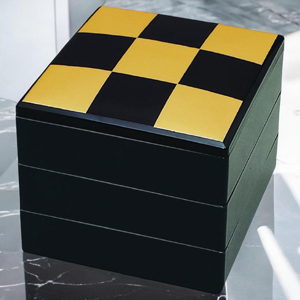 J-kitchens Dinner Lacquerware Jubako Box, 3 Tiers, 7-inch, Spring Breeze Black Checkered Design, 20cm, Resin, Made in Japan, PNO. 634402