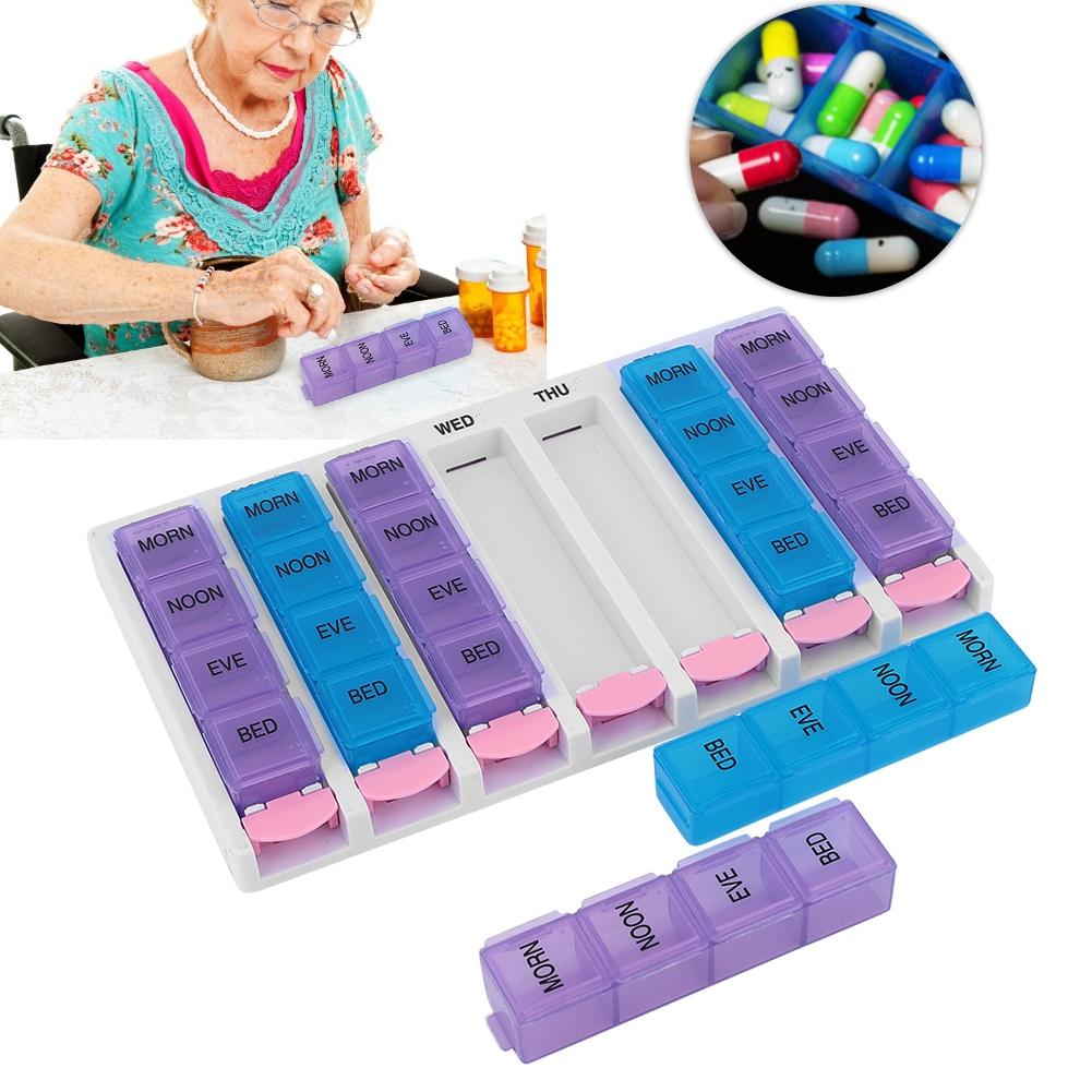 7 Days 4 Times a Day 28 Compartments Pill Box Medicine Organizer with Push Button (Blue Purple)