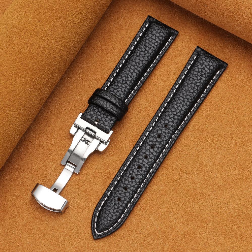 12/14/16/18/19/20/22mm Kalvskinnsklockarmband Litchimönstrad Rem Äkta Läder Armbandsurrem Fjärilsspänne Klocktillbehör