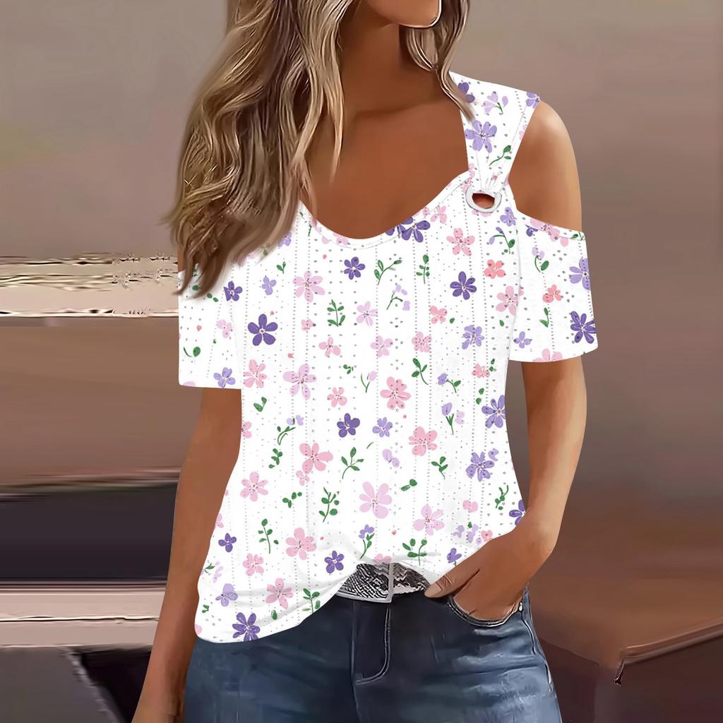 Sexy Cold Sholuder Tops For Women  Summer Hollow Out Eyelet Short Sleeve Blouse Loose V Neck Tshirt Trendy Casual Tunics