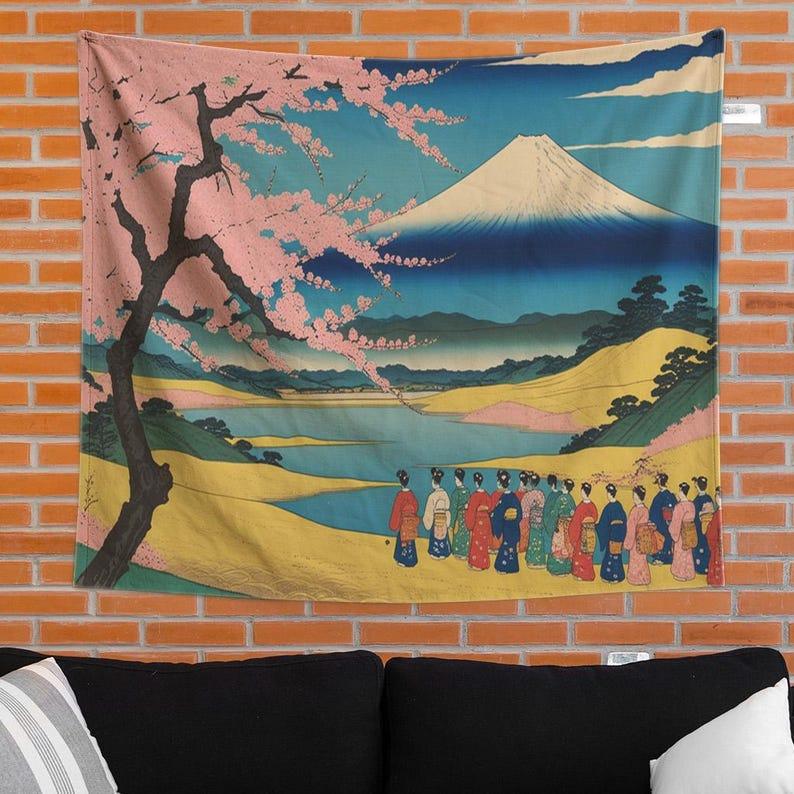 Katsushika Hokusai Japanese landscape tapestry 75x100 чёрный