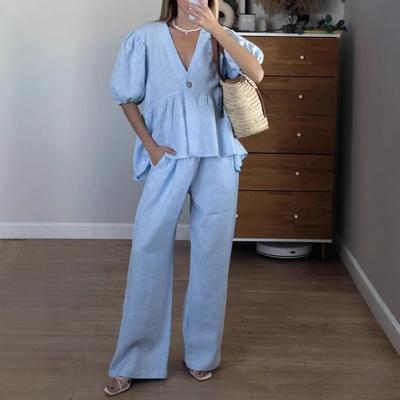 Women Spring Summer Holiday Pant Set Suits Cotton Solid Outfits V-neck 2 Two Piece Matching Set for Women