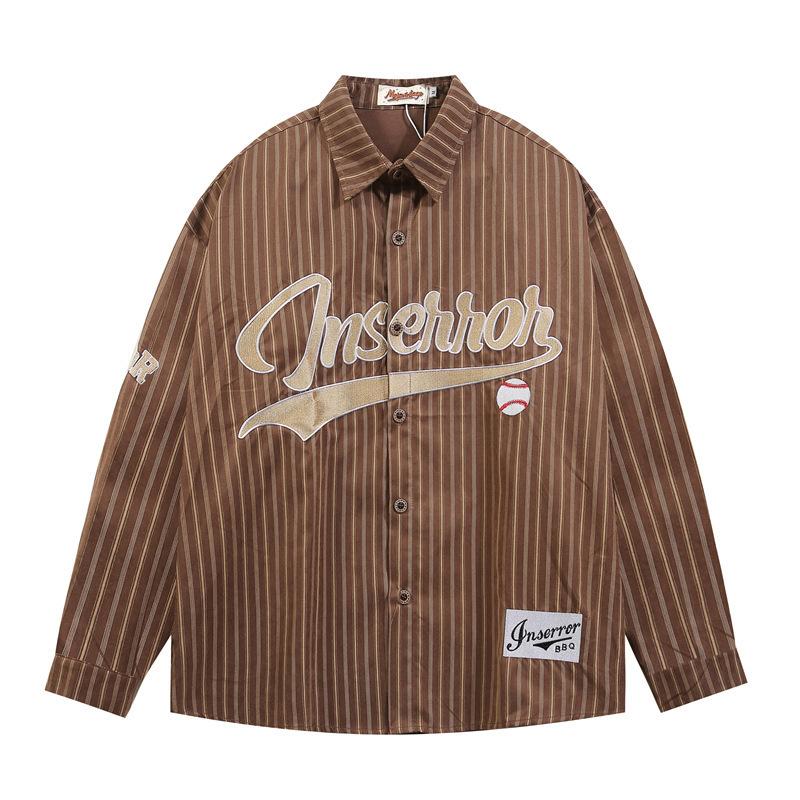 

Retro Embroidered Vertical Striped Long-sleeved Shirt Men s Autumn Casual Design Couple Loose Contrasting Shirt 3XL