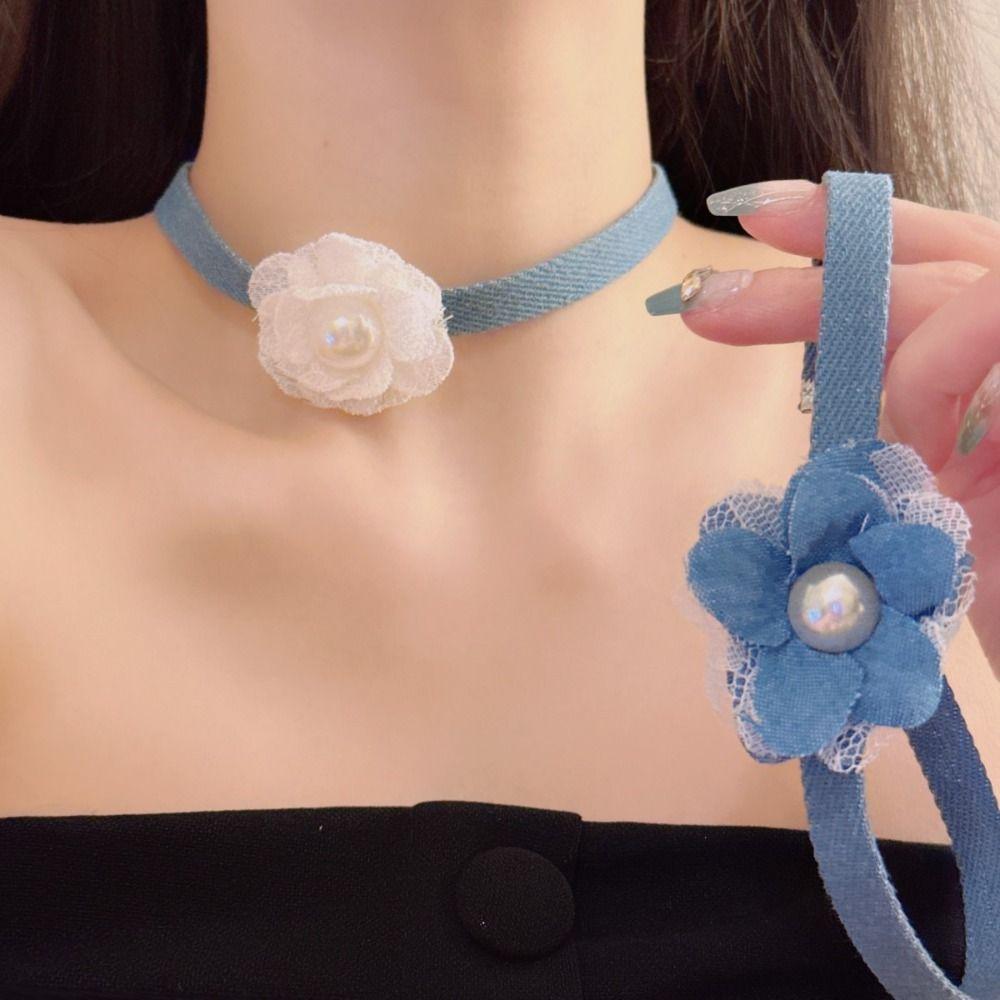 

Flower Rose Choker Necklace Lace Pearl Chain Choker Unique Camellia Necklace Hipster белый