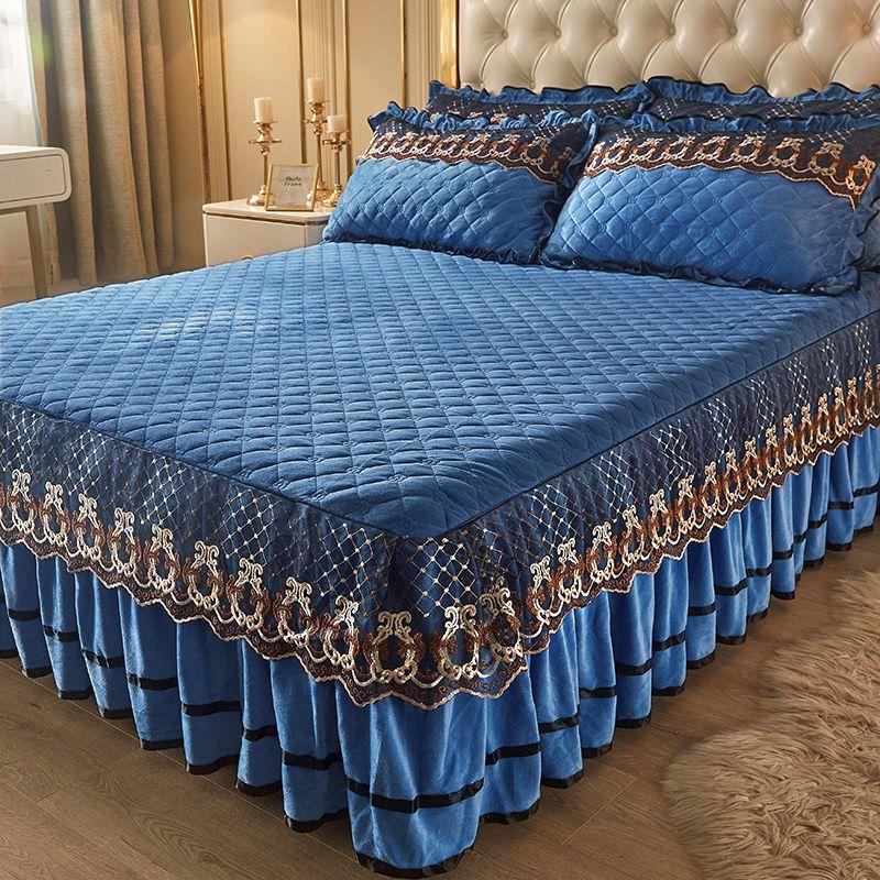 3-teiliges gestepptes Bettvolant-Set Prinzessin Spitze Verdickte Bettdecke, Yamame Rutschfeste Bettdecke Schutzhülle Bettwäsche Vier Jahreszeiten