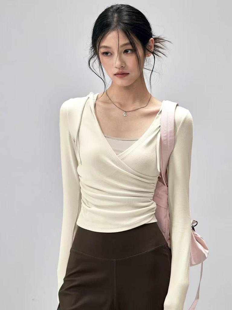 Women's Hooded Long Sleeve Yoga Top - Slimming, Breathable, Waist-Cinching Sports Cover-Up for Pilates Training, Autumn Comfort.