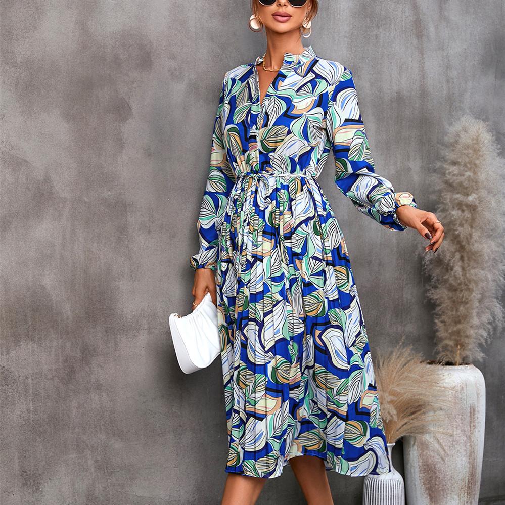 QICED Women's Fashion Autumn Winter Floral Print Long Sleeve V-Neck Casual Dresses