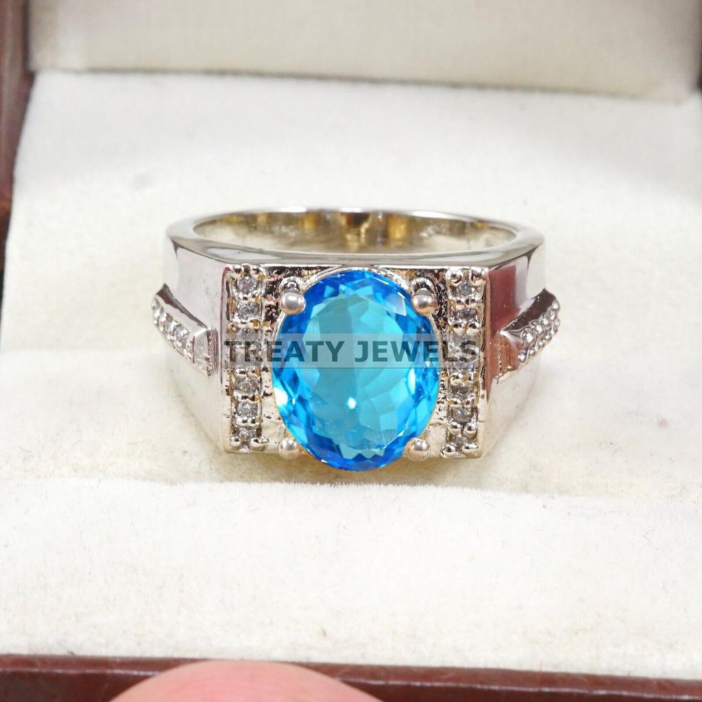 Blue Topaz Oval Cut Gemstone With 925 Sterling Silver Ring For Men's #A905 JL375669072897