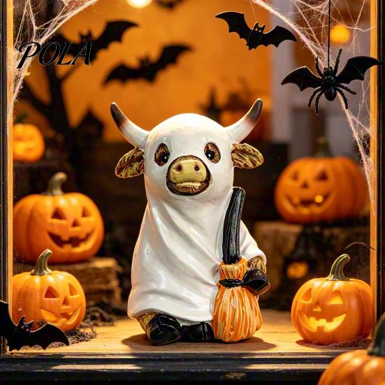 Decorative Pumpkin Cow Statue Highland Halloween Decor, Funny Resin Ghost Figurine for Home Mantel Decorations Office Tiered Tray Table Desk