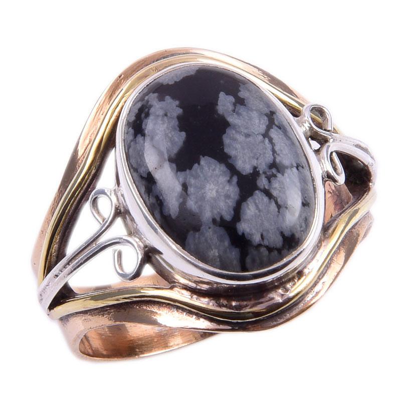 Pierre Gemme Obsidienne Flocon de Neige Naturelle Argent Sterling 925 Bague Bicolore T.10.5 m3k55