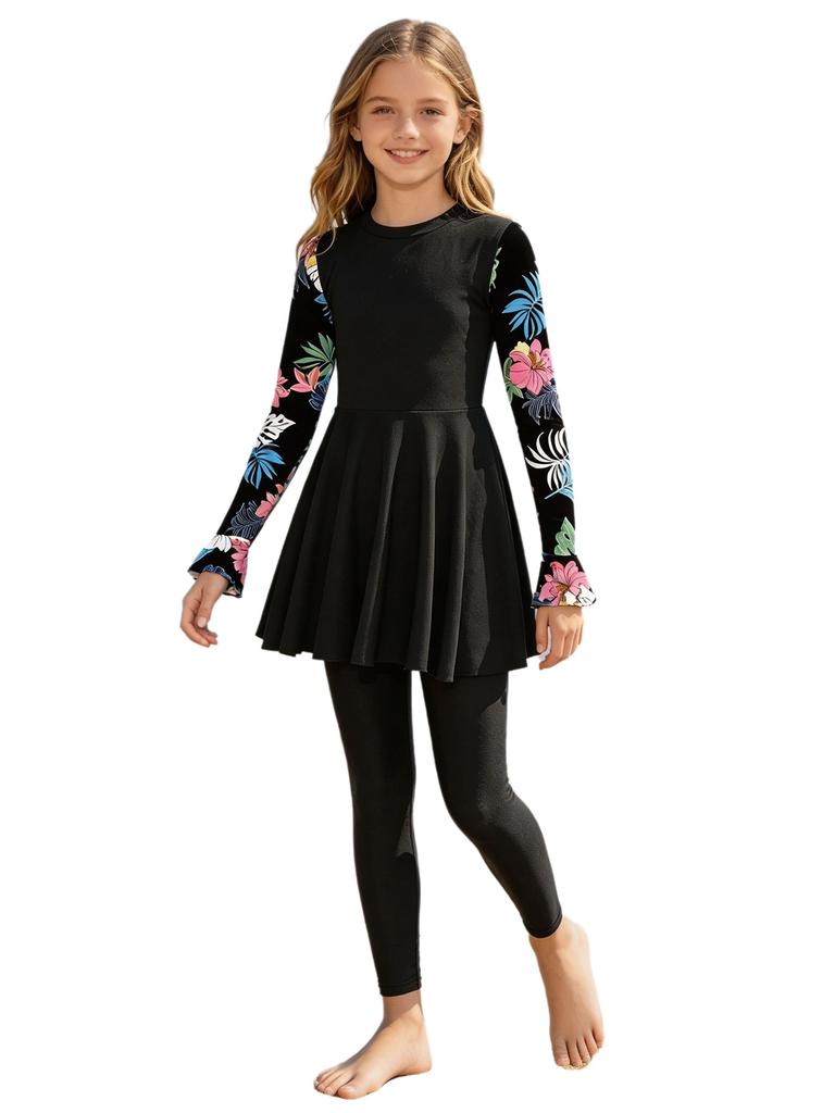 Kids Girls Two Piece Swimsuit Set Long Sleeve Floral Print Short Dress with Pants Rash Guard for Pool Beach Summer Swim