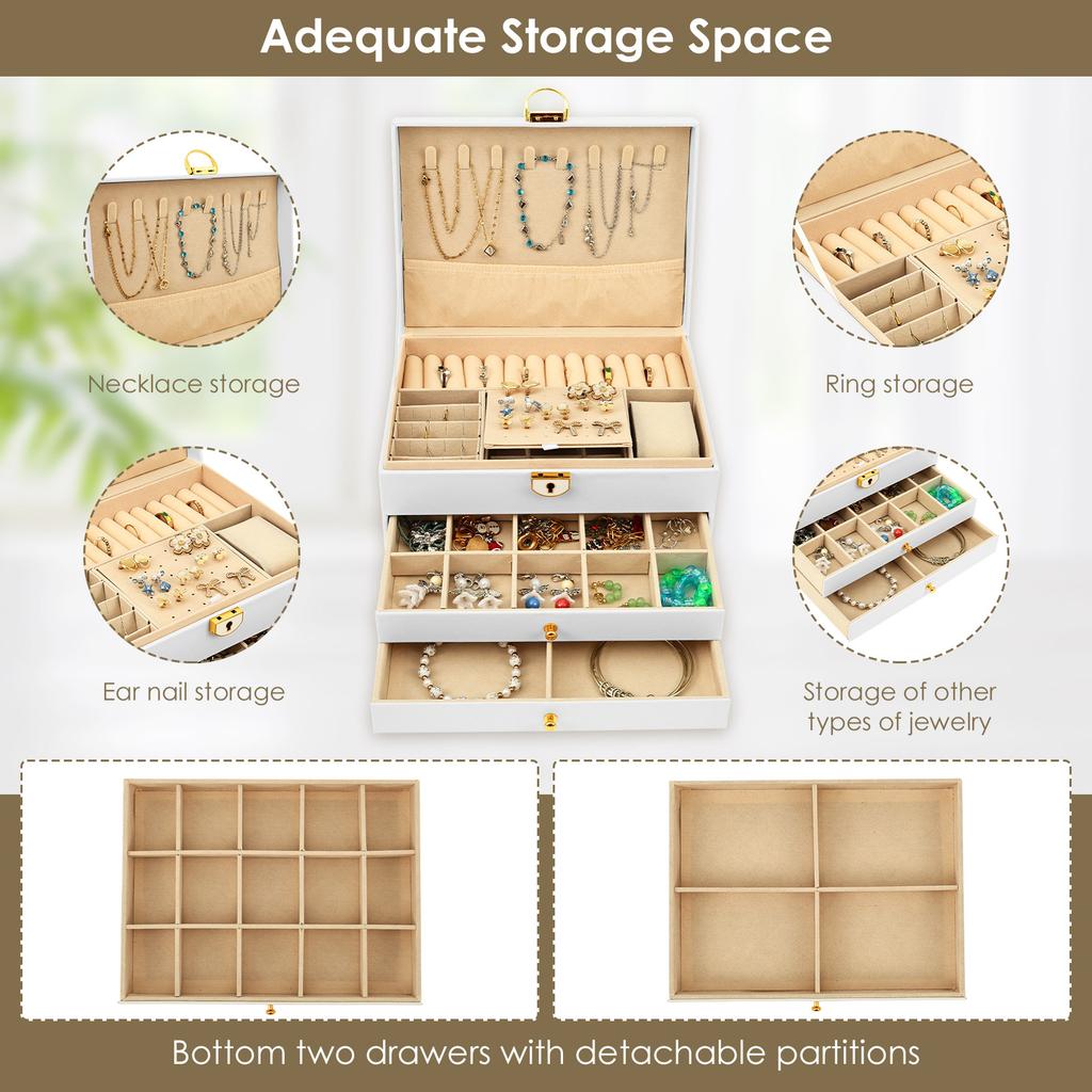 3 Layers Jewelry Box with 2 Drawers PU Leather Jewelry Storage Case Ideal for Necklace Bracelet Ring and Earring Organizer
