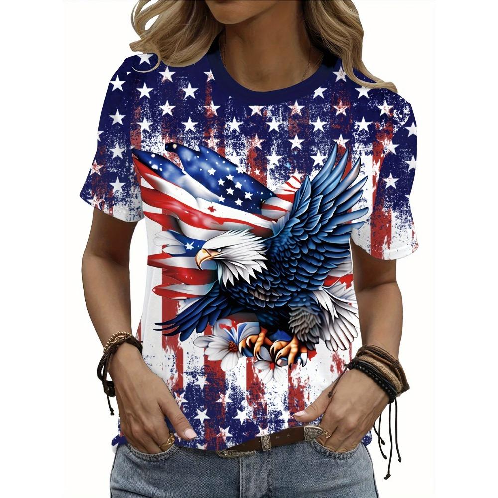 Women's American Flag & Bald Eagle Print T-Shirt Casual Short Sleeve Crew Neck Patriotic Graphic Tee for Summer