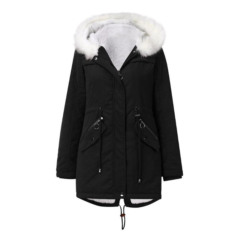European Size Women's Cotton-padded Coat White Fur Collar Parka Medium and Long Hooded Winter Warm Fleece Coat Women's Cotton-padded Coat