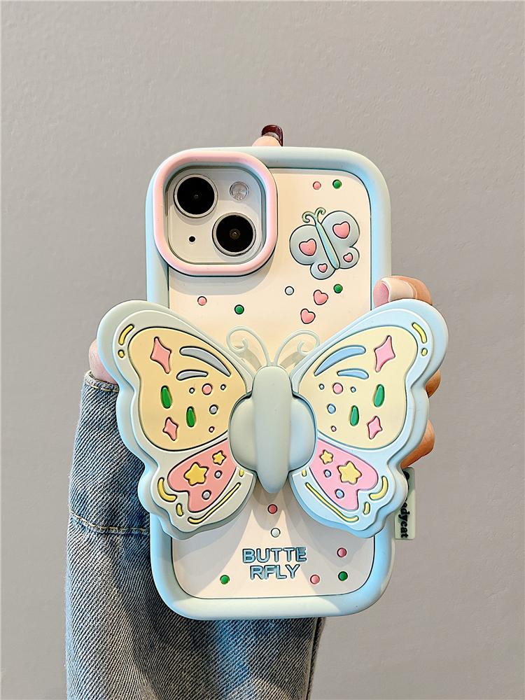 Ins Fashion Lovely Purple Butterfly Holder Stand Case For iPhone 17 15 14 13 16 Pro Max Soft Silicone Phone Cover
