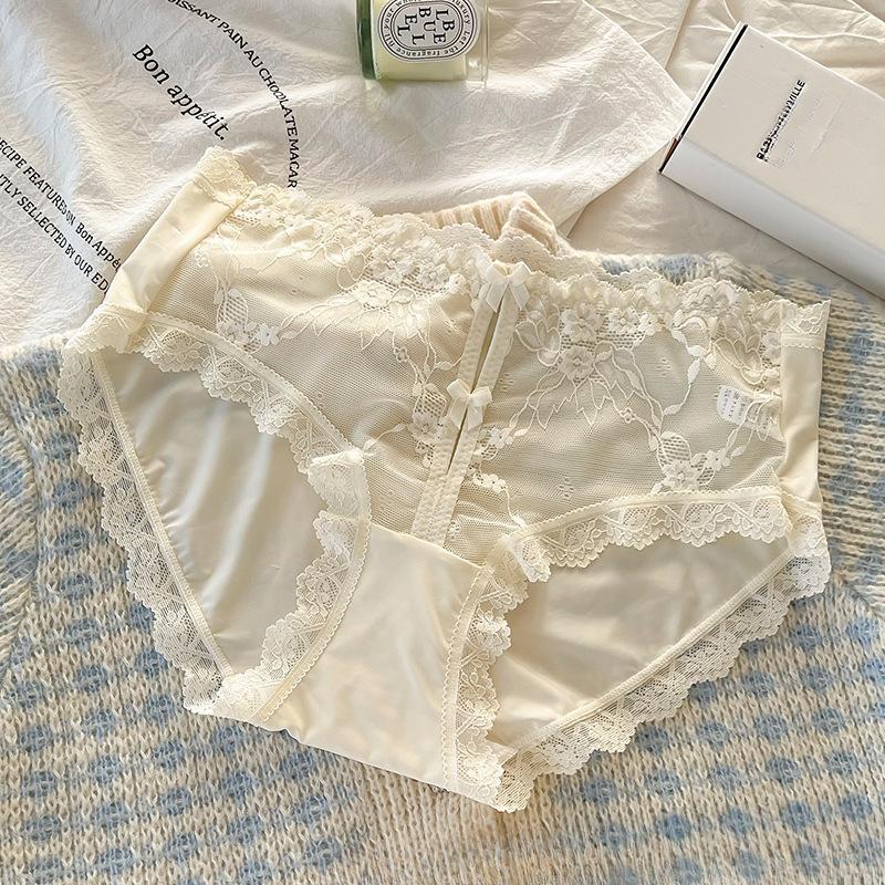 

Женское новое стильное удобное дышащее сексуальное кружевное нижнее белье с двойным бантом и полой талией XL бежевый