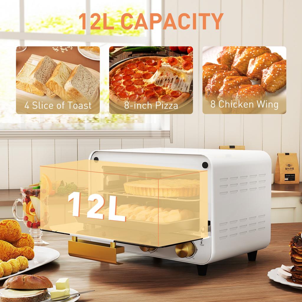 Small Toaster Oven, 12L Multifunction Mini Countertop Oven with Glass Door, Adjustable Temperature and Timer, White