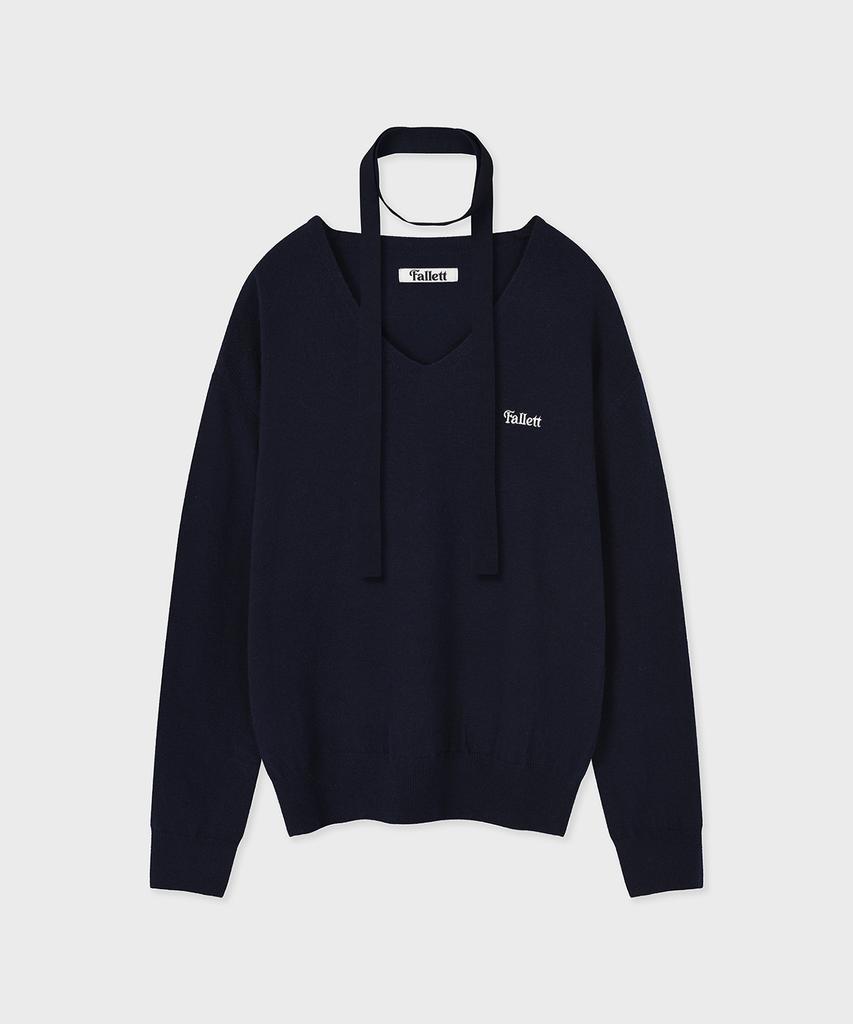 FALLETT Small Story Logo V-Neck Knit Navy