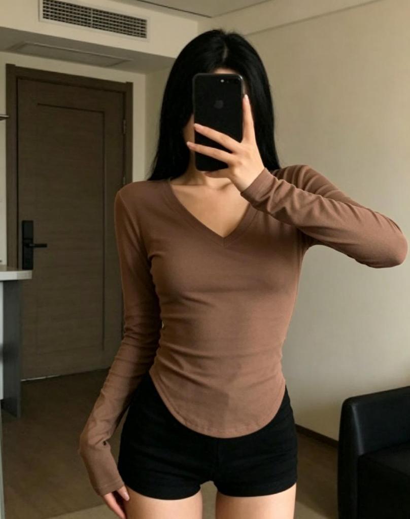 Top Feminino de Gola V Slim Fit Manga Longa Bainha Curva Primavera/Outono 2024