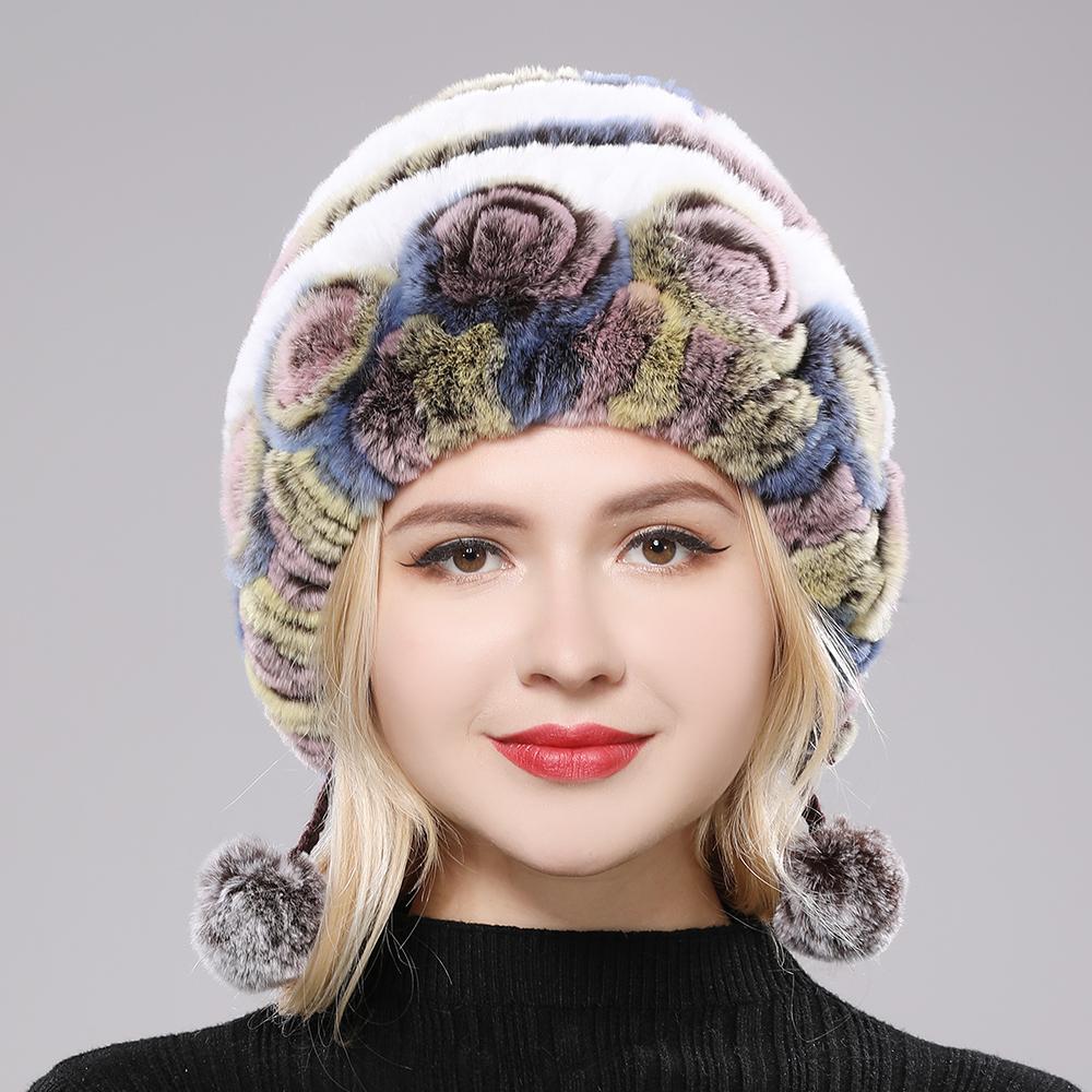 Winter Hats for Girls Women's Fur Hat Real Rex Rabbit Cap Floral Knitted Hat with Balls Skulls Beanies 55-59cm