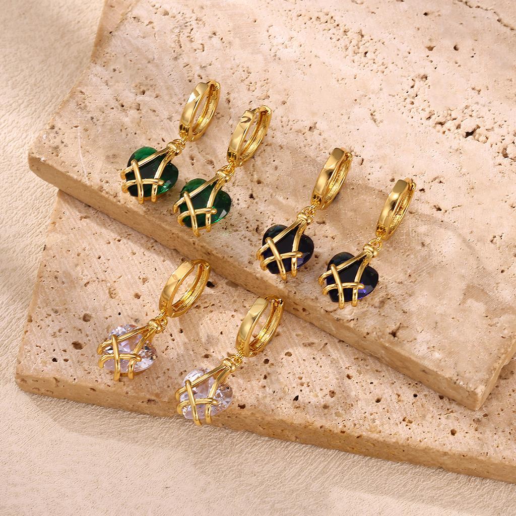 Emerald Green Heart Dangle Hoop Earrings For Women 18-K Gold Plated Love Huggies Earring Jewelry Elegant Party Cute New Gifts