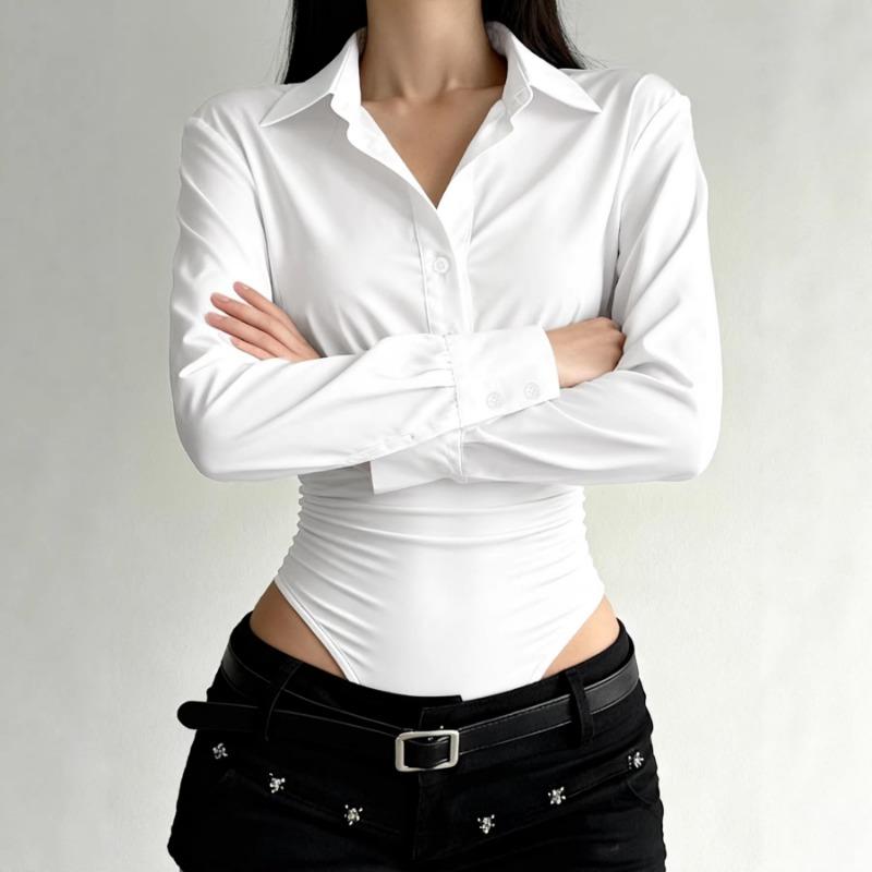 Women's Solid Color Design Button Jumpsuit Shirt Long Sleeve Lapel Slim Fit Fashion Top