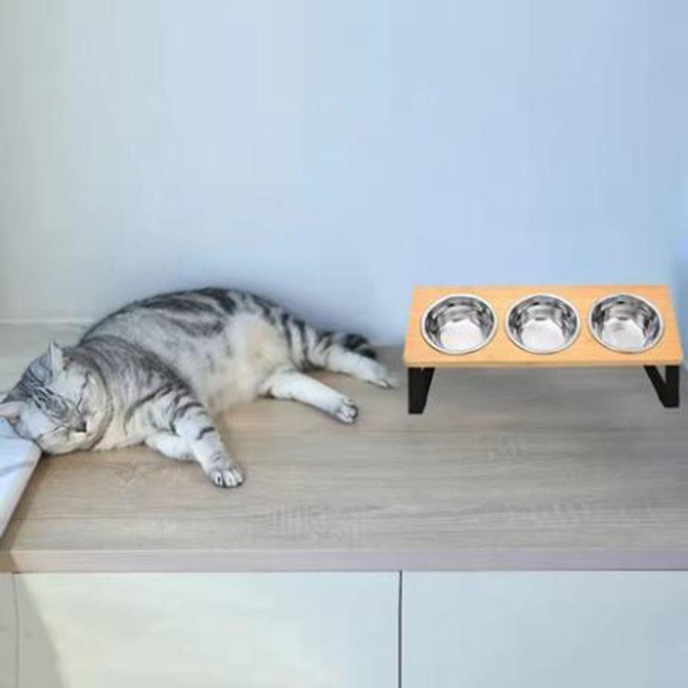 Pet Feeder Non Slip Wood Cat Bowl Stand Anti-Vomiting Anti-Leak Elevated Pet Bowls with 3 Bowls Pet Food Water Bowl for Home