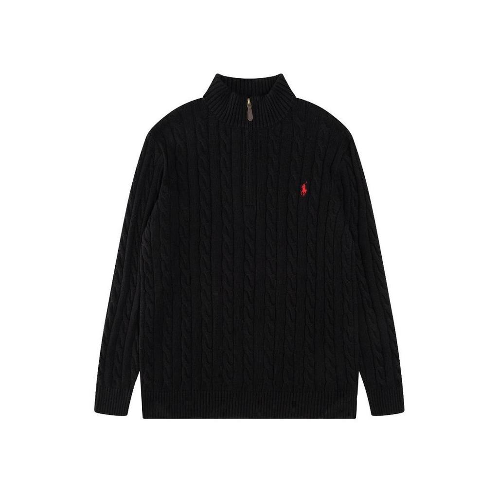 Herren Zopfmuster Pullover mit halbem Reißverschluss und gesticktem RL Pony Logo