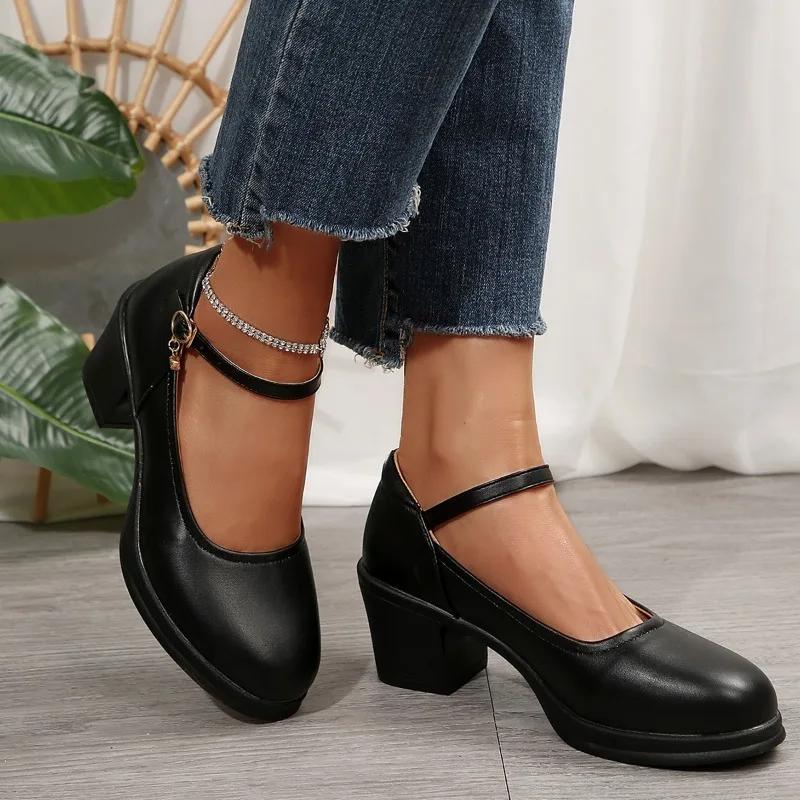 Fashion Chunky Heel Pumps Round Women Toe Ankle Strap Mary Shoes for Women Elegant High Heels Office Shoes Plus Size Chaussure Femme
