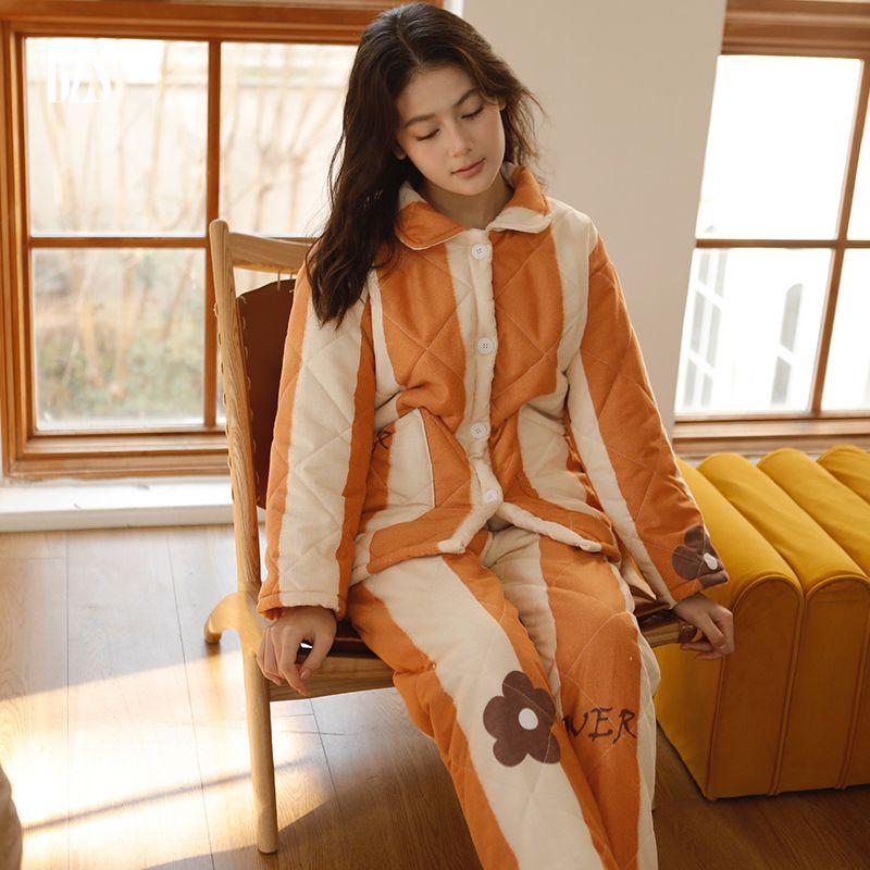 

Winter Three-Layer Quilted Women s Thickened Pajamas Suit Multi-Color Print Cardigan Loose Suitable for Daily Wear Home Wear Women