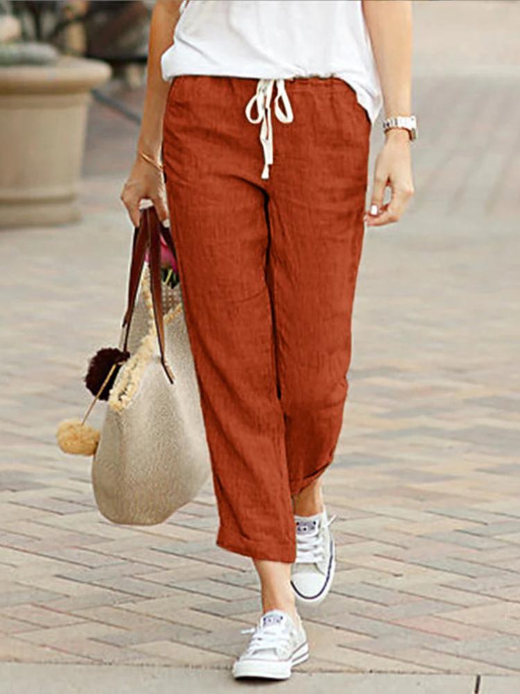Women's Cotton Linen Pants Drawstring Elastic Waist Trousers Casual Solid Color Long Pants