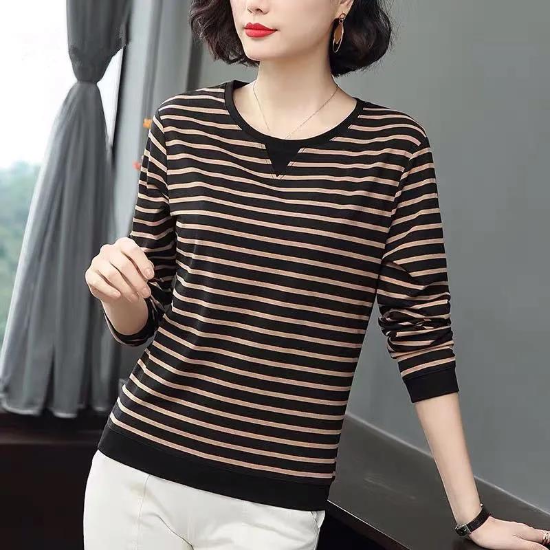 Damen Herbst Winter Langarm Übergröße Gestreifte Pullover Weiblich Frühling Locker Baumwolle Rundhals Lässige Oberteile