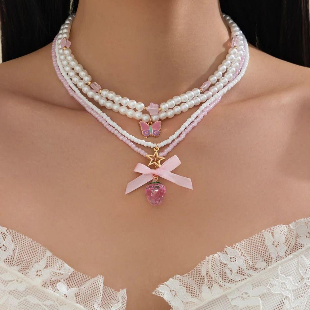 

Strawberry Bowkont Pendant Imitation Pearl Choker Lovely Women Necklace Set Party