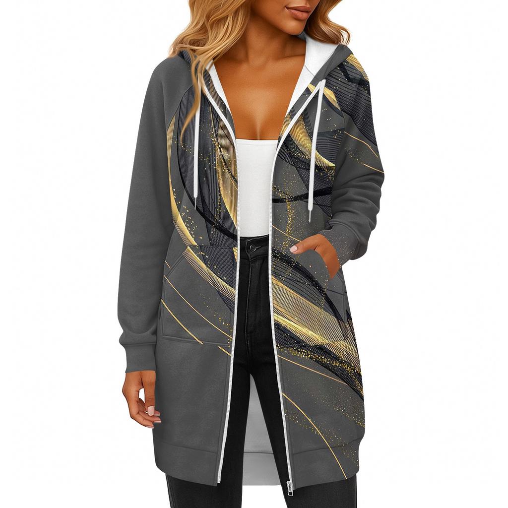 Women's Fashionable Printed  Long Sleeved Drawstring Hooded Zipper Pocket Long Casual Sweatshirt Jacket