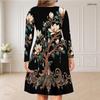 Women Plus Size V Neck Long Sleeve Black Floral Printed Curved Hem Dress