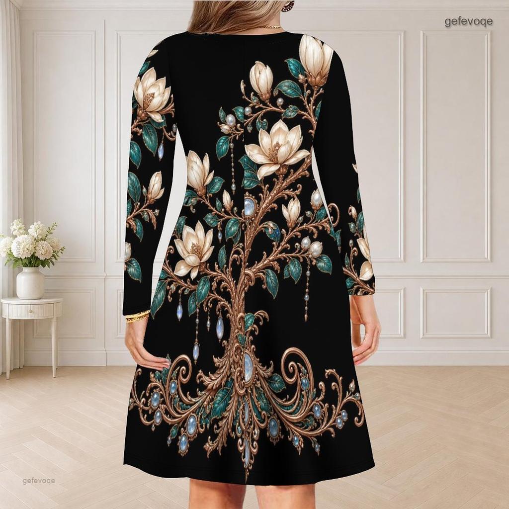 Women Plus Size V Neck Long Sleeve Black Floral Printed Curved Hem Dress