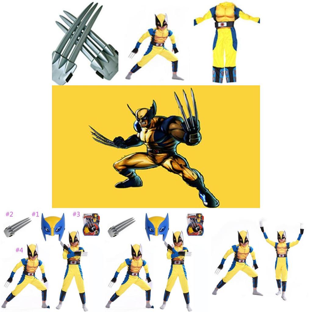 Exquisites blau-gelbes Wolverine-Muskelkostüm für Kinder und Erwachsene, ideal für Halloween-Partys